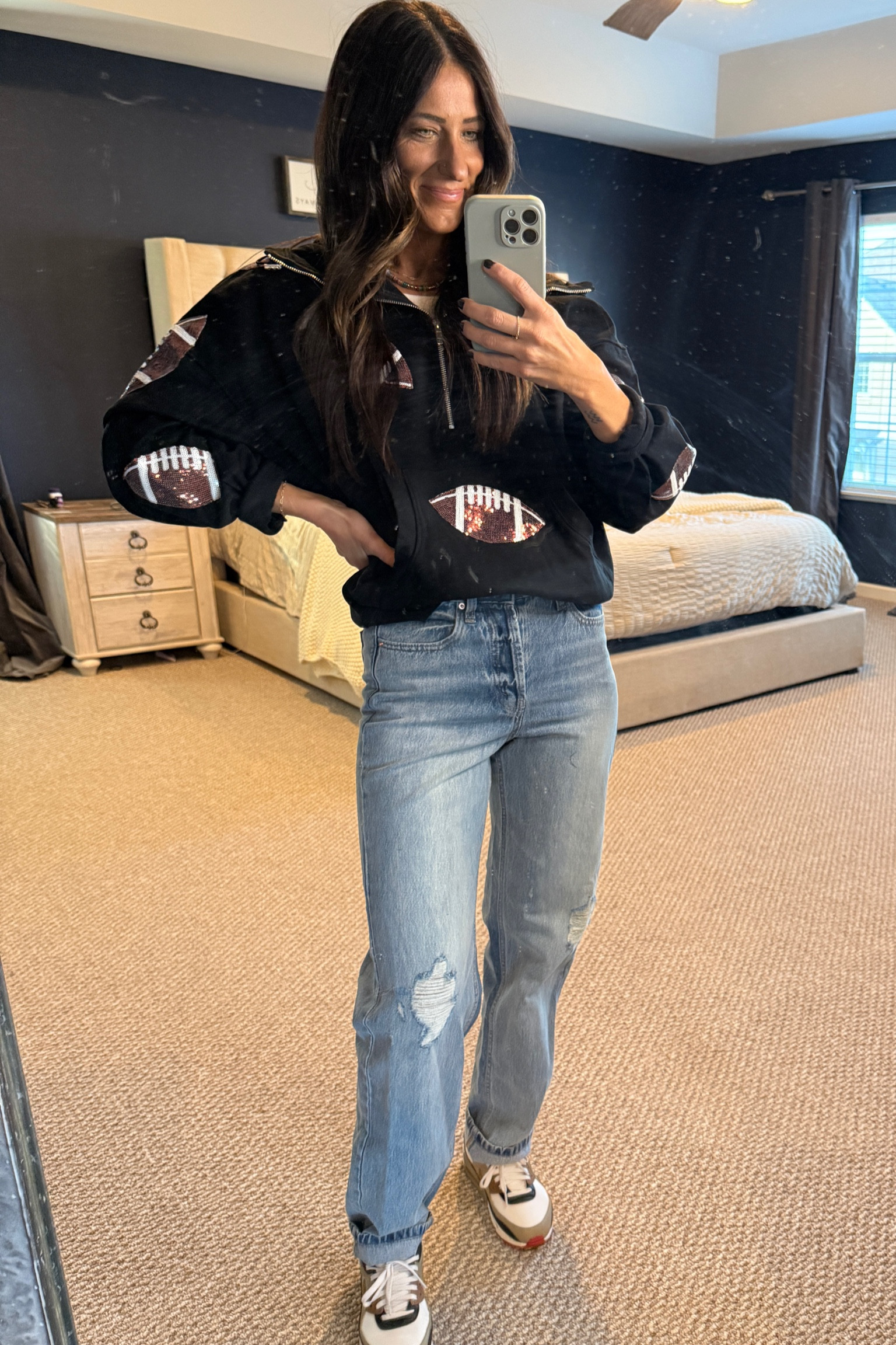 Casual game day outfit. Loving this sequence football pullover! Wearing a M for a baggy fit. TTS in denim and shoes  

#LTKFindsUnder100 #LTKFindsUnder50 #LTKStyleTip