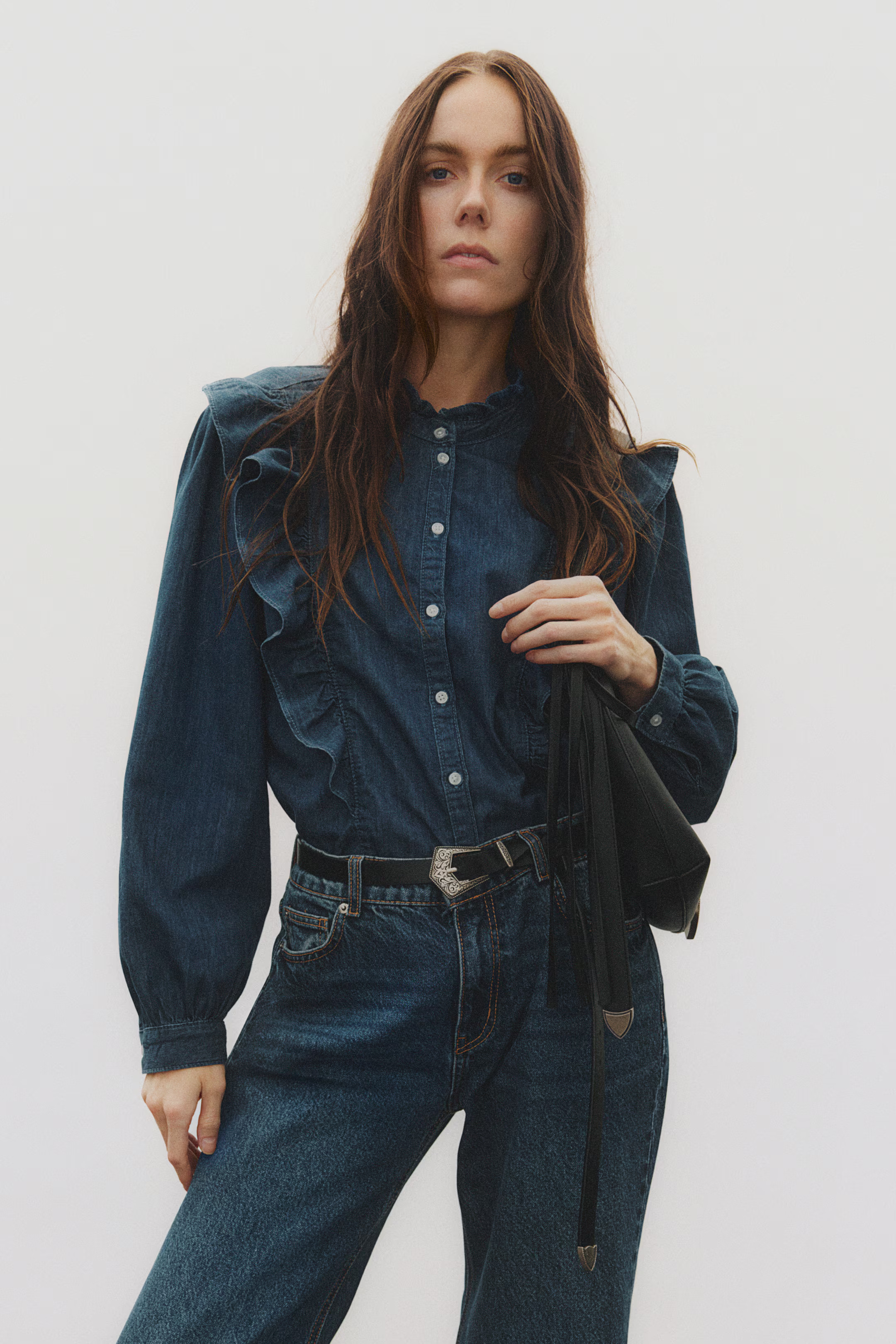 Frill-trimmed denim blouse | H&M (UK, MY, IN, SG, PH, TW, HK)