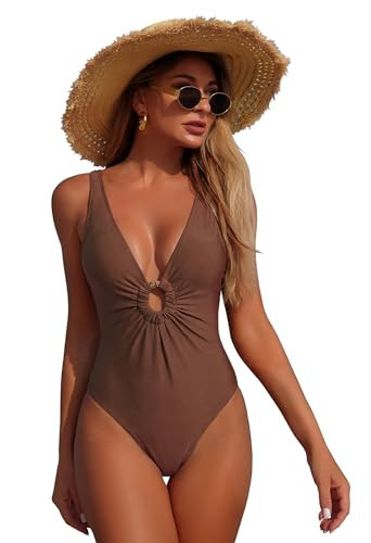 SPORLIKE Women One Piece Swimsuit Deep V Neck Bathing Suit Adjustable Straps Padded Monokini Brown Small | Amazon (US)