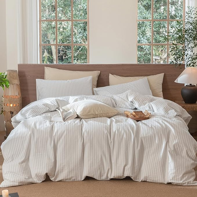 MooMee Striped Duvet Cover Set 100% Washed Cotton Linen Like Textured Breathable Durable Soft Com... | Amazon (US)
