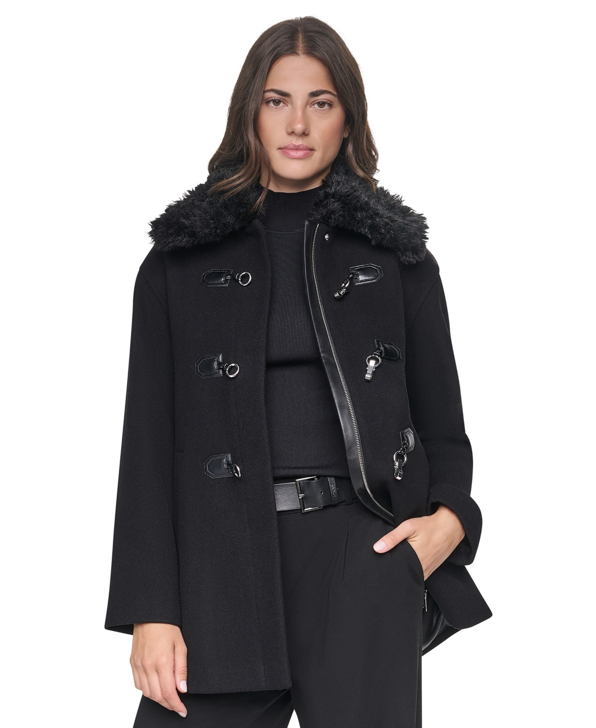 Dkny Women's Faux-Fur Collared Wool-Blend Mid-Length Coat - Black | Macy's