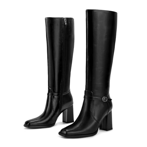 wetkiss Knee High Boots Women Black Knee High Boots Chunky Boots for Women Square Toe Boots High Heel Boots for Women Chunky Black Boots Womens Block Heel Boots Leather Boots for Women Elastic Boots | Amazon (US)
