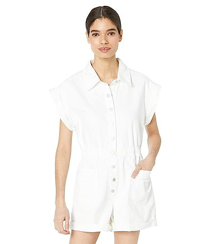 [BLANKNYC] Womens White Denim Shorts Sleeve Romper with Patch Pockets, Stylish & Designer Clothing, Meditation, Small | Amazon (US)