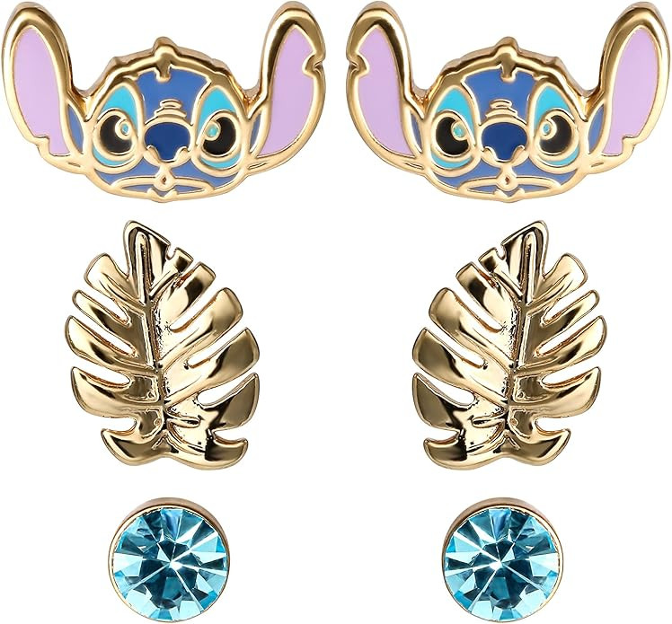 Disney Stitch Girls Earrings 3 Piece Set - Flash Plated Set of 3 Stud Stitch Earrings for Girls -... | Amazon (US)