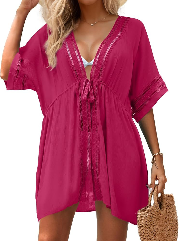Women Swimsuit Cover Up 3/4 Bell Sleeve Boho Bathing Suit Coverups Hollow Out Kimonos Cardigans f... | Amazon (US)