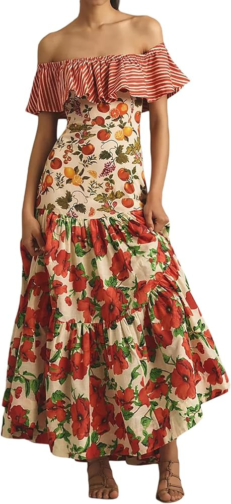 Woman Summer Floral Off Shoulder Long Dress Elastic Ruffled Short Sleeves Maxi Dresses Slim Fit S... | Amazon (US)