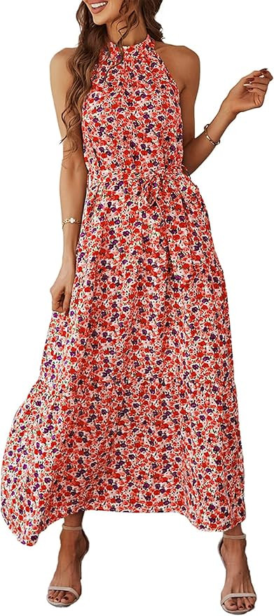 PRETTYGARDEN Women's Summer Floral Maxi Sun Dress Sleeveless Halter Neck Flowy Ruffle Hem Long Bo... | Amazon (US)