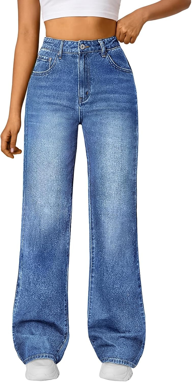 Trendy Queen Women High Waisted Straight Wide Leg Jeans Stretch Baggy Pants | Amazon (US)