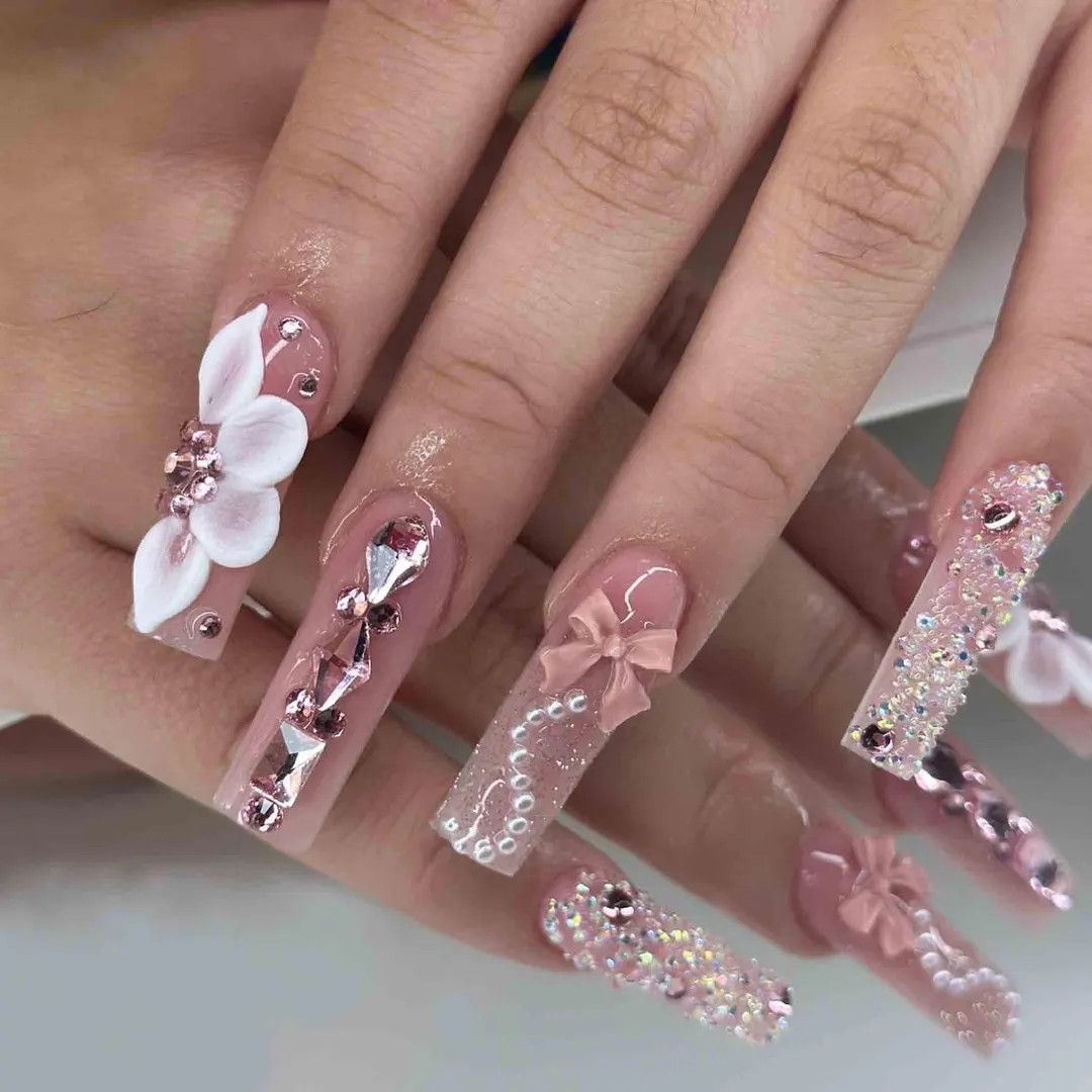 Handmade Pink Glam Press on Nails | 3D Flowers, Pearls & Sparkly Rhinestones | Long Square Nails ... | Etsy (US)