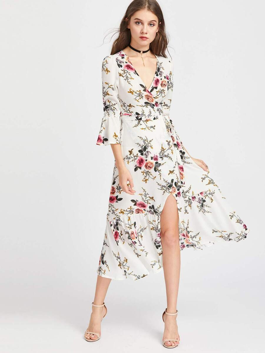 Surplice Wrap Plunging Floral Midi Dress | SHEIN