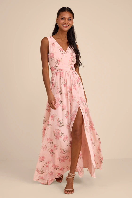 Heavenly Hues Blush Floral Surplice Maxi Dress | Pink Bridesmaid Dress | Lulus