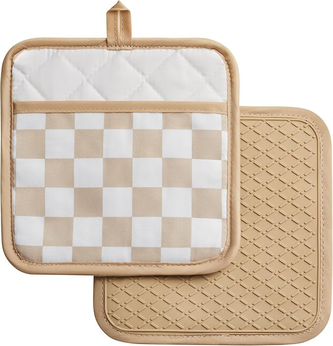 Beige Checkered Pot Holder, Checkerboard Potholders for Kitchen, Silicone Pot Holders with Pocket... | Amazon (US)