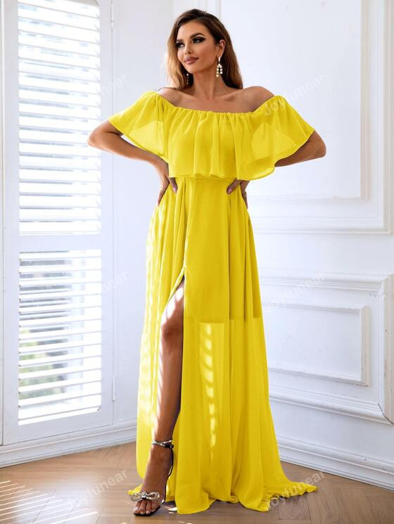 Joyfunear Off Shoulder Ruffle Trim Split Thigh Chiffon Formal Dress | SHEIN