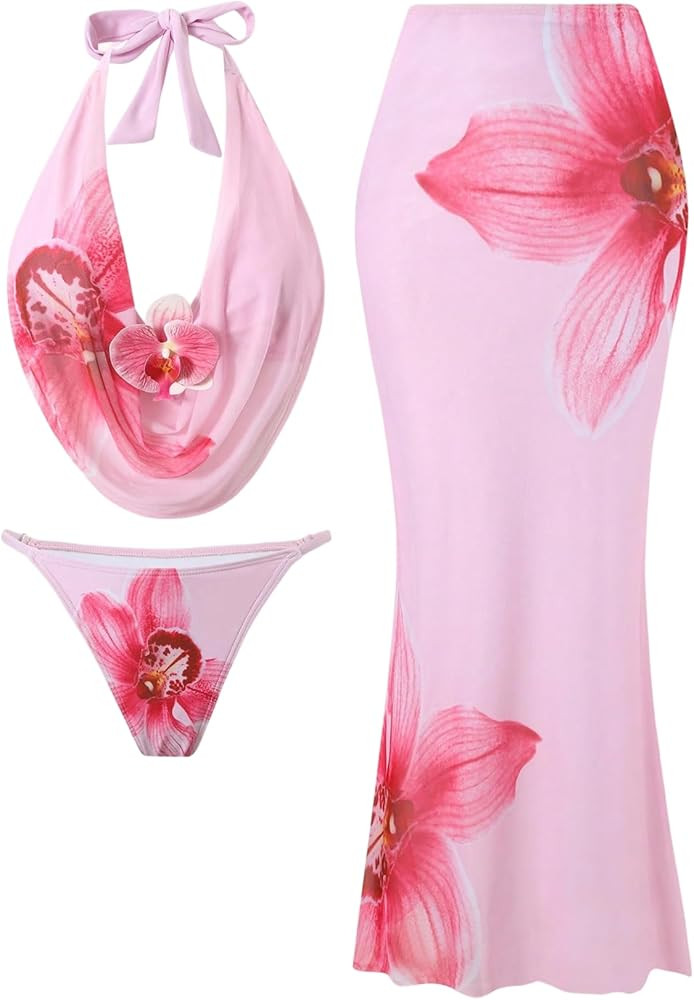 OYOANGLE Women's 3 Piece Swimsuits Floral Halter String Bikini Set with Long Beach Skirt Cover Up Beachwear | Amazon (US)