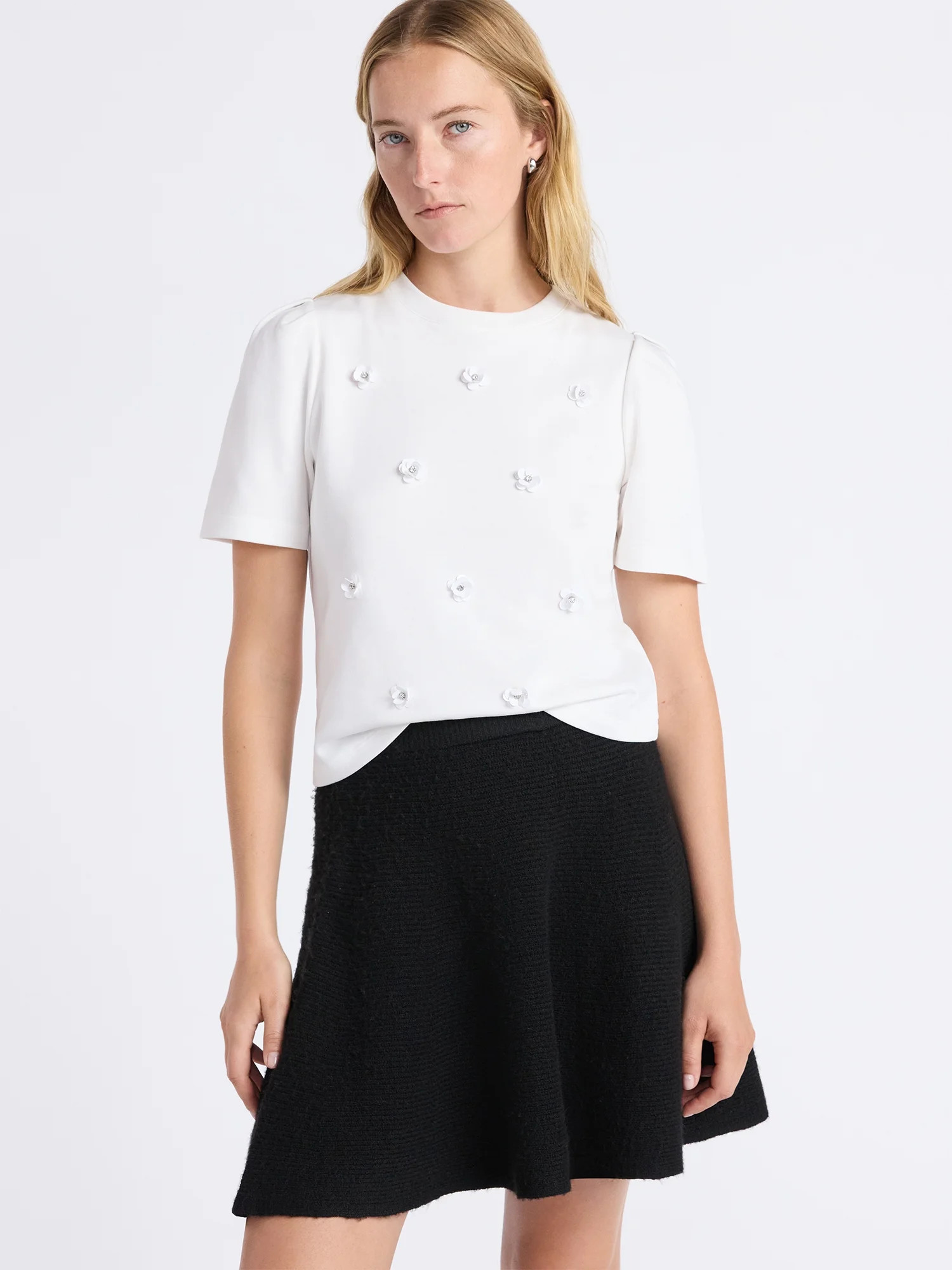 Free Assembly Women's and Women's Plus Embellished Pleat Shoulder Top with Short Sleeves, Sizes X... | Walmart (US)