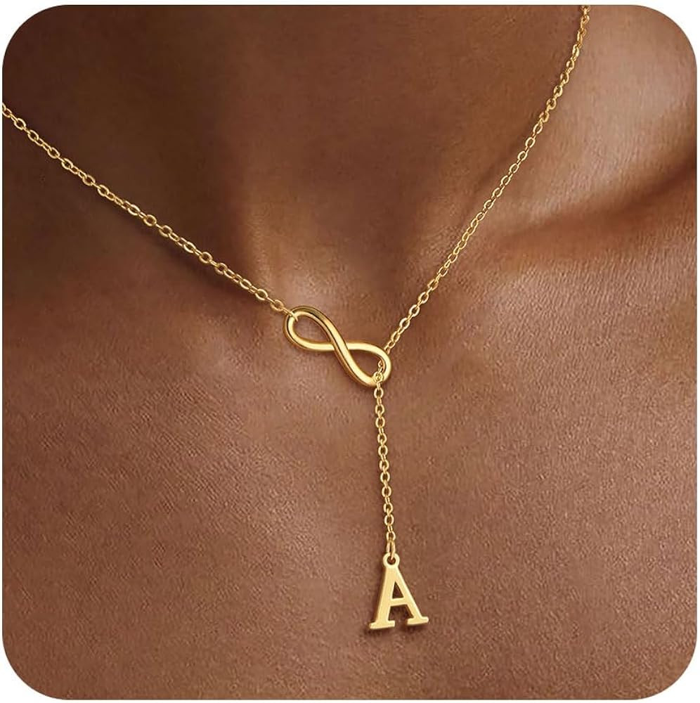 FUNEIA Gold Initial Necklaces for Women Trendy Dainty Long 14K Gold Plated Infinity Lariat Letter... | Amazon (US)