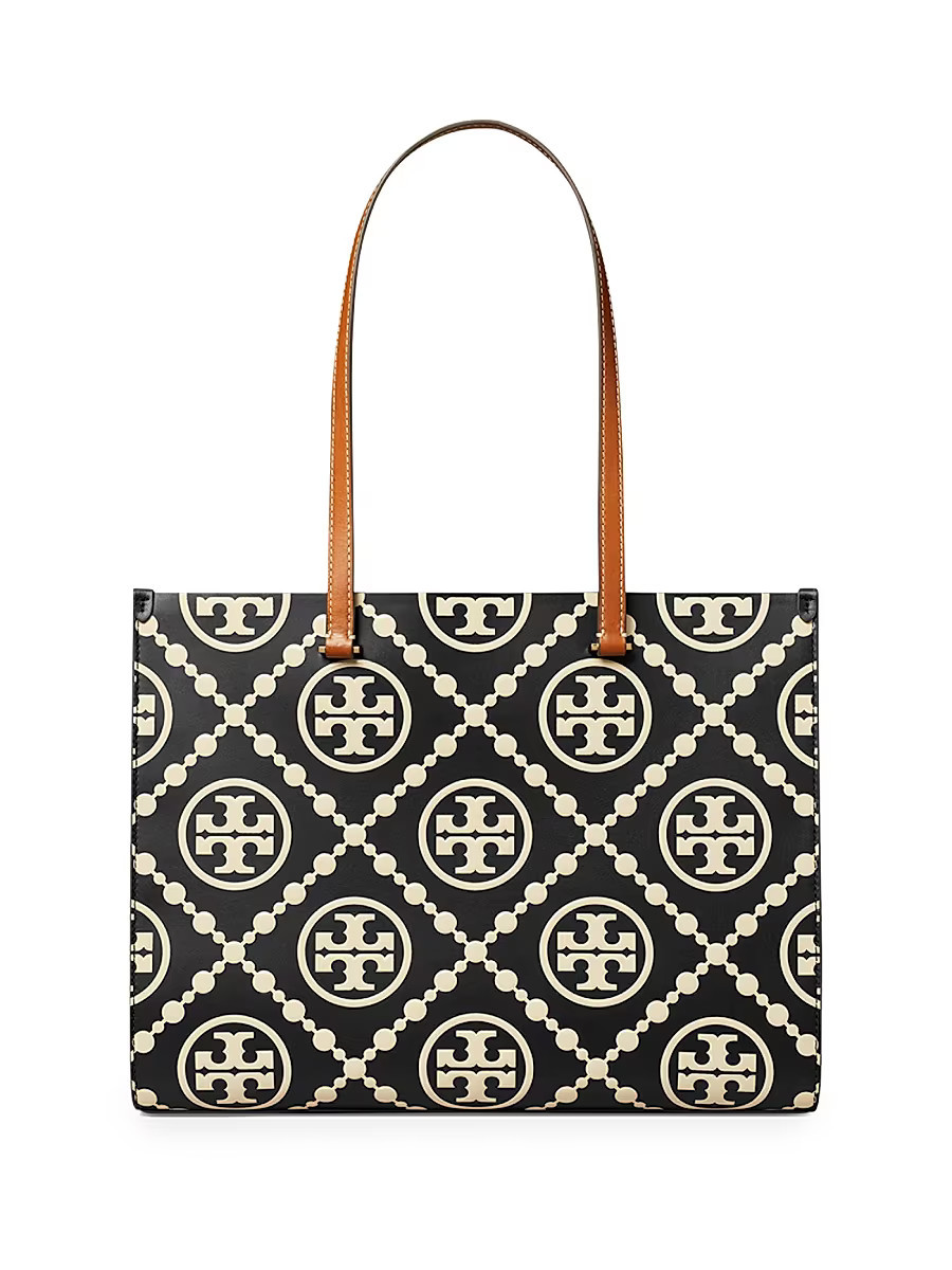 Women's T Monogram Embossed Leather Tote Bag - Black White | Saks Fifth Avenue