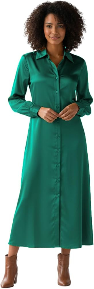 Satin Vintage Button Down Shirt Dress Womens Long Style Shirt Party Wear Dress Shirt S142 | Amazon (US)