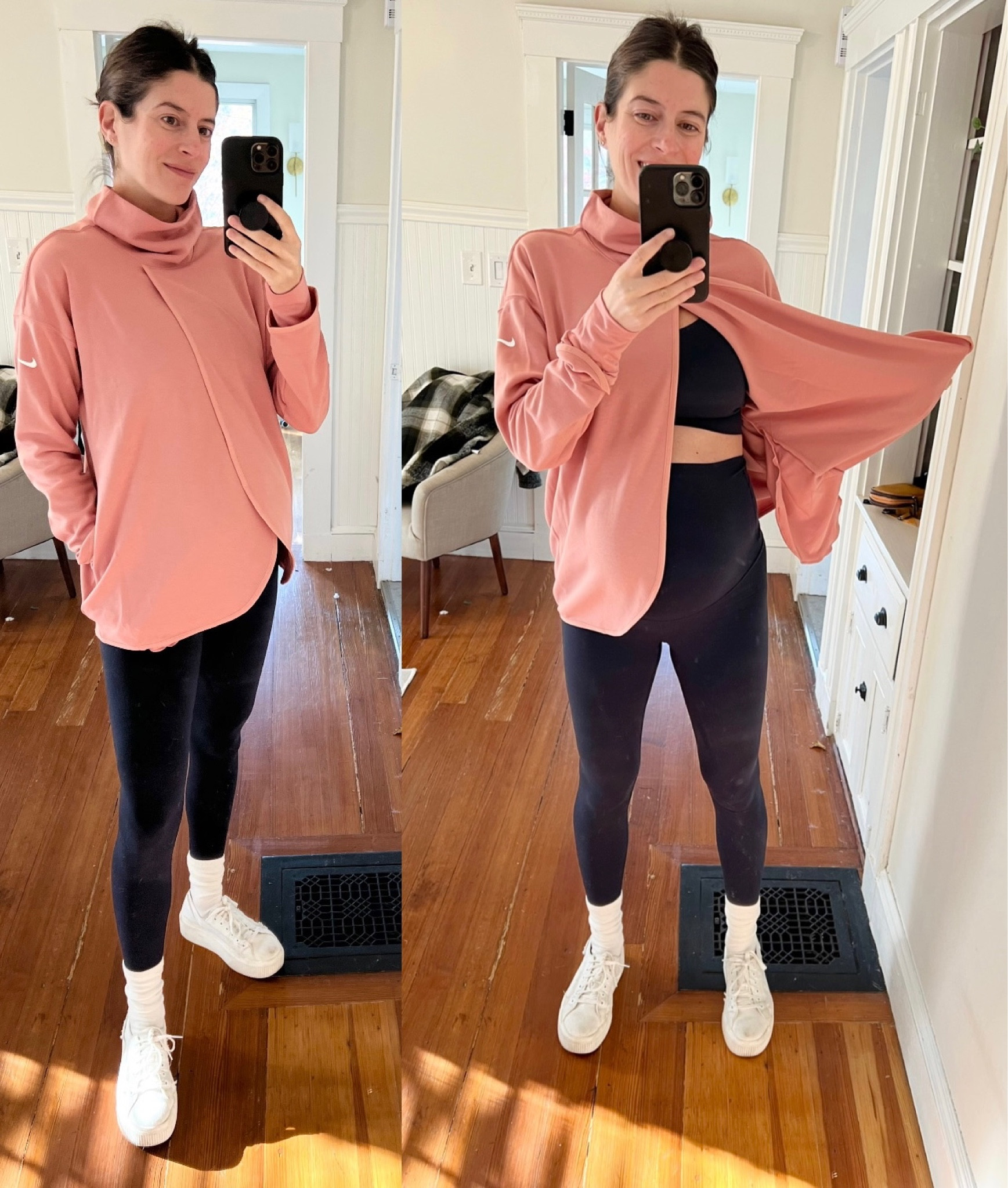 Bump/breastfeeding friendly pullover (wearing a small) over my fave affordable maternity leggings (small) and matching bra (med)

#LTKfindsunder100 #LTKfitness #LTKbump