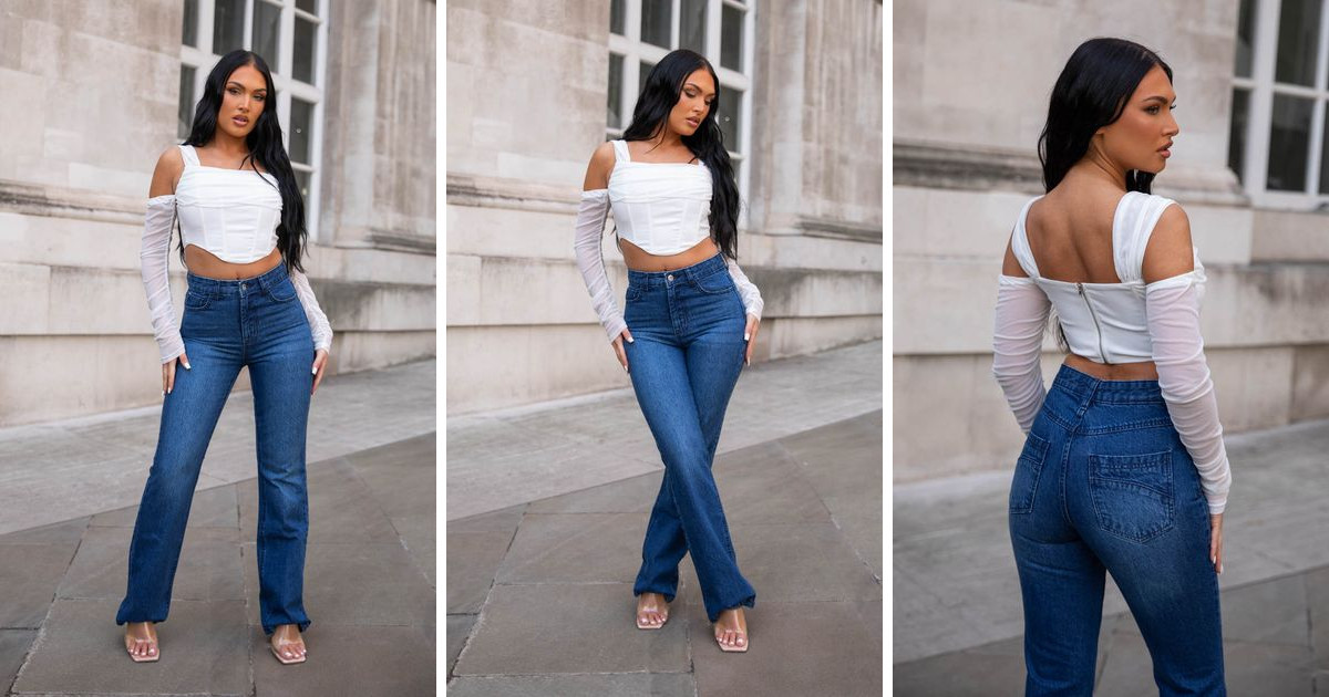 Blue Mid Wash High Waisted Flare Leg Jeans | Femme Luxe | SilkFred US | SilkFred