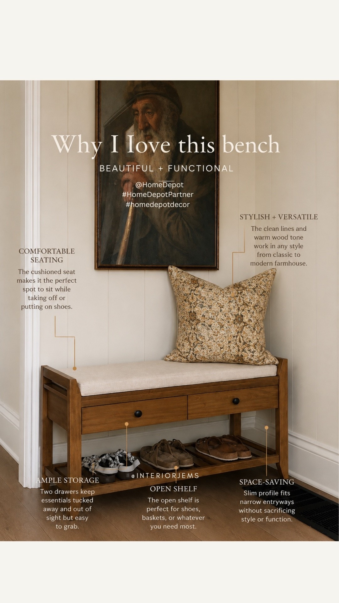 Obsessed with this bench from The  @homedepot and it’s one of those pieces that’s both pretty and practical.
The cushioned seat is actually comfortable, the two drawers are perfect for stashing keys, sunglasses, dog leashes, hand sanitizer, and all the little things that usually end up cluttering your counters, and the open shelf holds several pairs of shoes so they’re not piled by the door.
What I love most is the size. It’s compact enough to fit in smaller entryways, mudrooms, hallways, or even at the end of a bed, but still gives you plenty of storage. I added a simple accent pillow and it instantly made this little corner feel finished. From now through 7/15, get up to 35% off select furniture, rugs & kitchenware online during The Home Depot’s Fourth of July savings event!
#HomeDepotPartner #homedepotdecor

#LTKSaleAlert #LTKHome