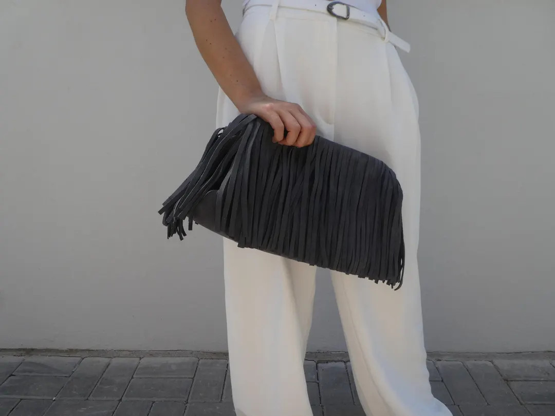 Handmade Suede Tasselled Framed Clutch, Leather Large Cloud Bag With Tassels, Oversized Fringed P... | Etsy (US)