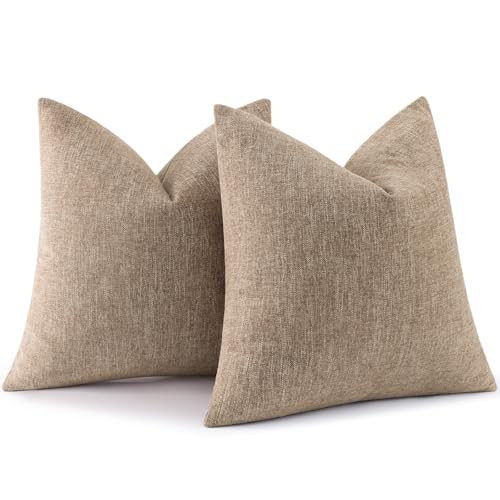 decorUhome Spring Chenille Decorative Throw Pillow Covers 18x18 Set of 2, Farmhouse Textured Square Neutral Solid Accent Pillow Covers for Couch Sofa Bed Living Room Home Decor, Khaki | Amazon (US)