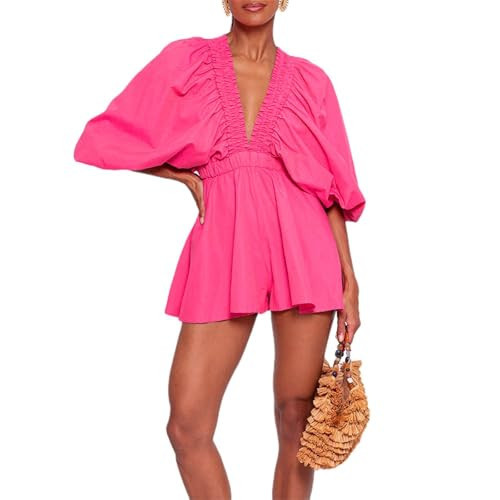 Cjfdfy Women's Long Puff Sleeve Short Romper Summer Cute Deep V Neck Flowy Tropical Beach Vacation Playsuit Resort Wear 2026 (Rose Red, L) | Amazon (US)