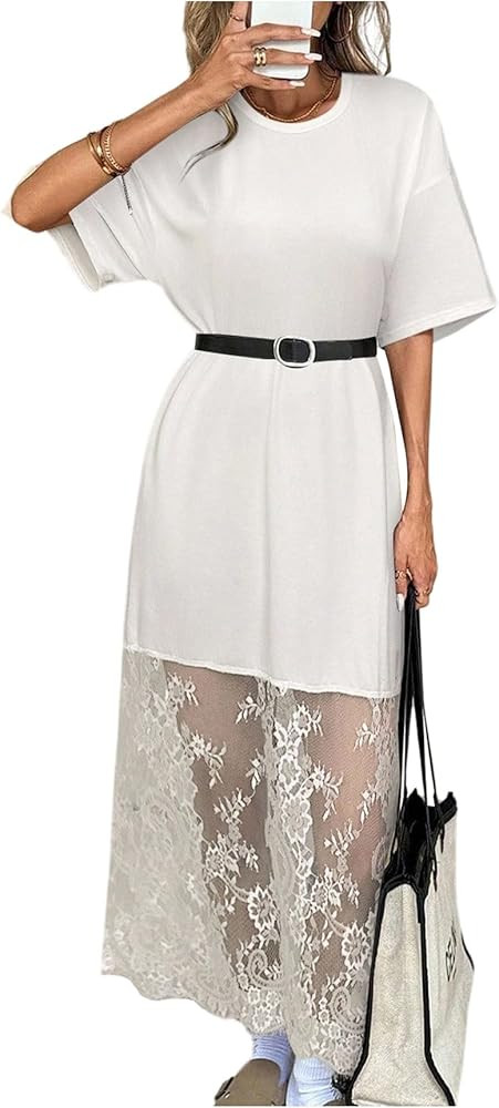 GORGLITTER Women's Lace Maxi Dress Boho Short Sleeve Crew Neck Festival Concert Birthday Party Ev... | Amazon (US)