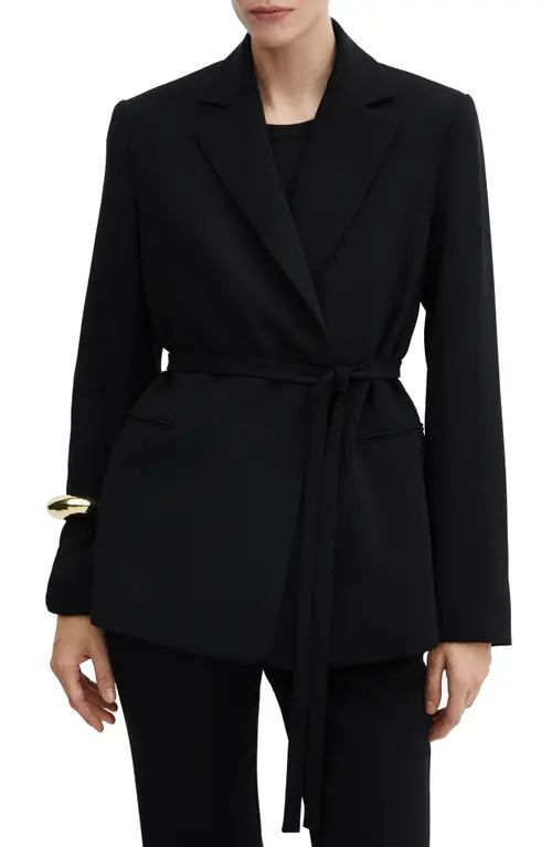 MANGO Tortuga Tie Waist Blazer in Black at Nordstrom, Size Large | Nordstrom