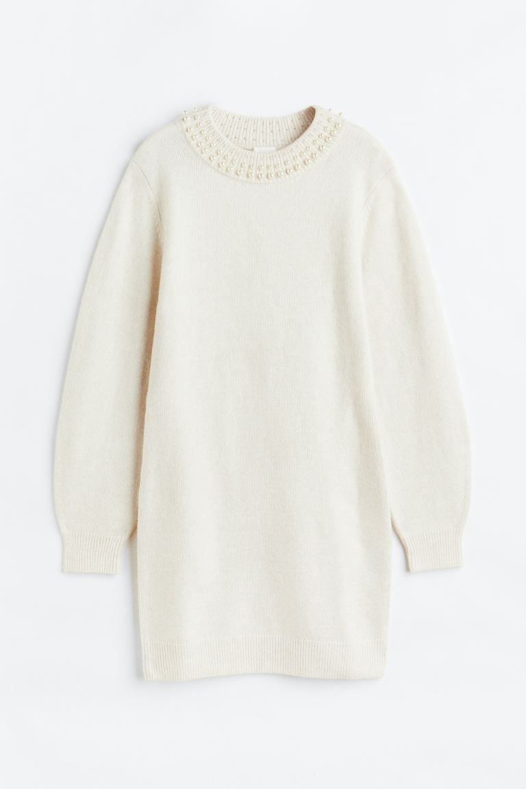 Beaded Knit Dress - Light beige/beads - Ladies | H&M US | H&M (US)