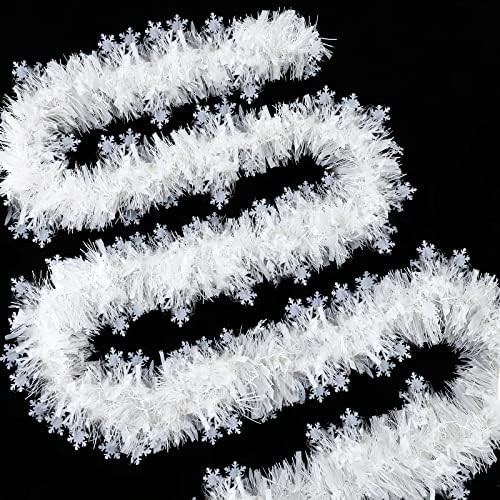 65 ft Christmas Tinsel Garland, White Metallic Twist Garland with Snowflakes, White Xmas Snowflak... | Amazon (US)
