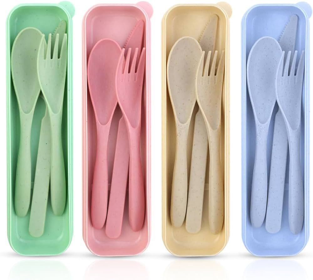 4 Sets Reusable Travel Utensils Set with Case Wheat Straw Utensils Tableware Cutlery Portable Kni... | Amazon (US)