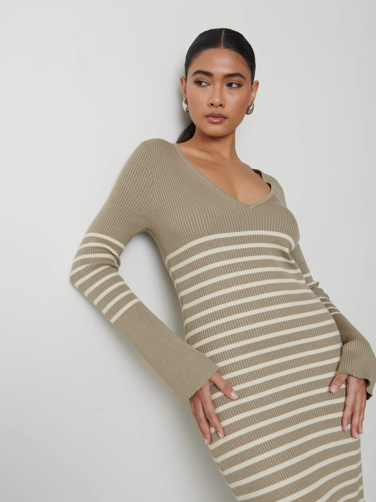 Vanessa Striped Knit Dress - Taupe and Cream Stripe | Pretty Lavish (UK)