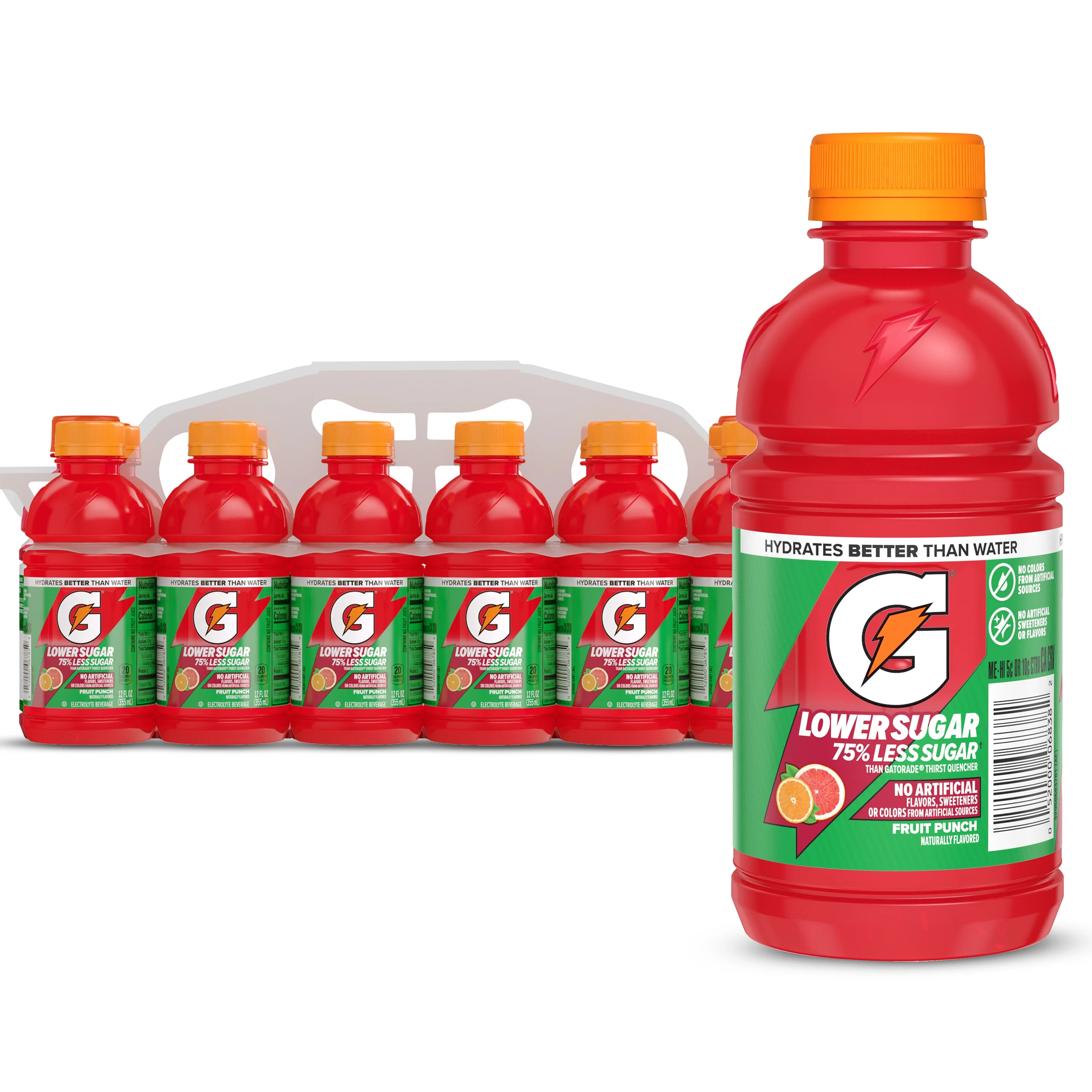 Gatorade Lower Sugar, No Artificials Fruit Punch Flavored Electrolyte Sports Drink, 12 fl oz Bottle, (12 pack), 75% Less Sugar, Hydration | Walmart (US)