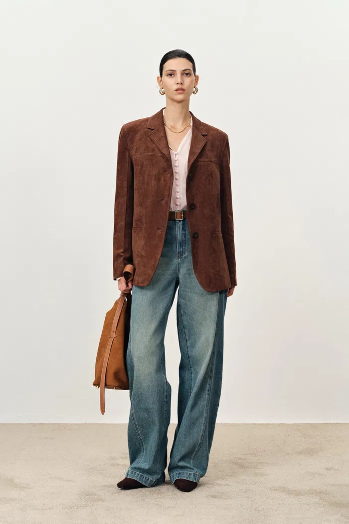 Verdi Curved Hem Loose Suit Blazer in Faux Suede | Fabrique