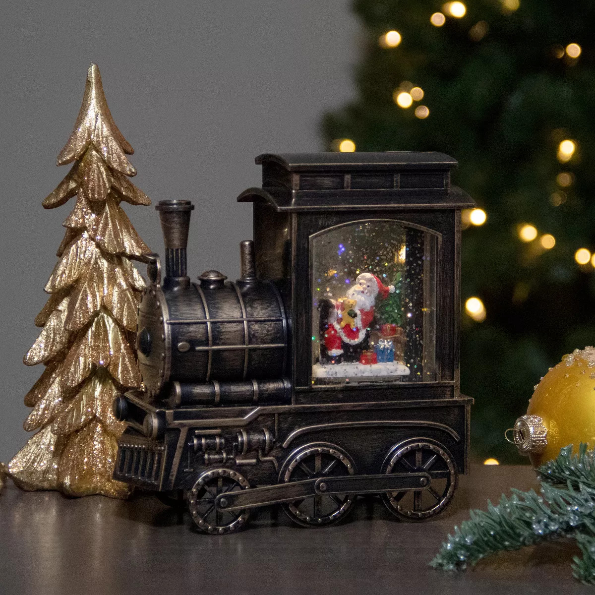 Northlight 6.75" Lighted Black Train Christmas Snow Globe with Santa | Target