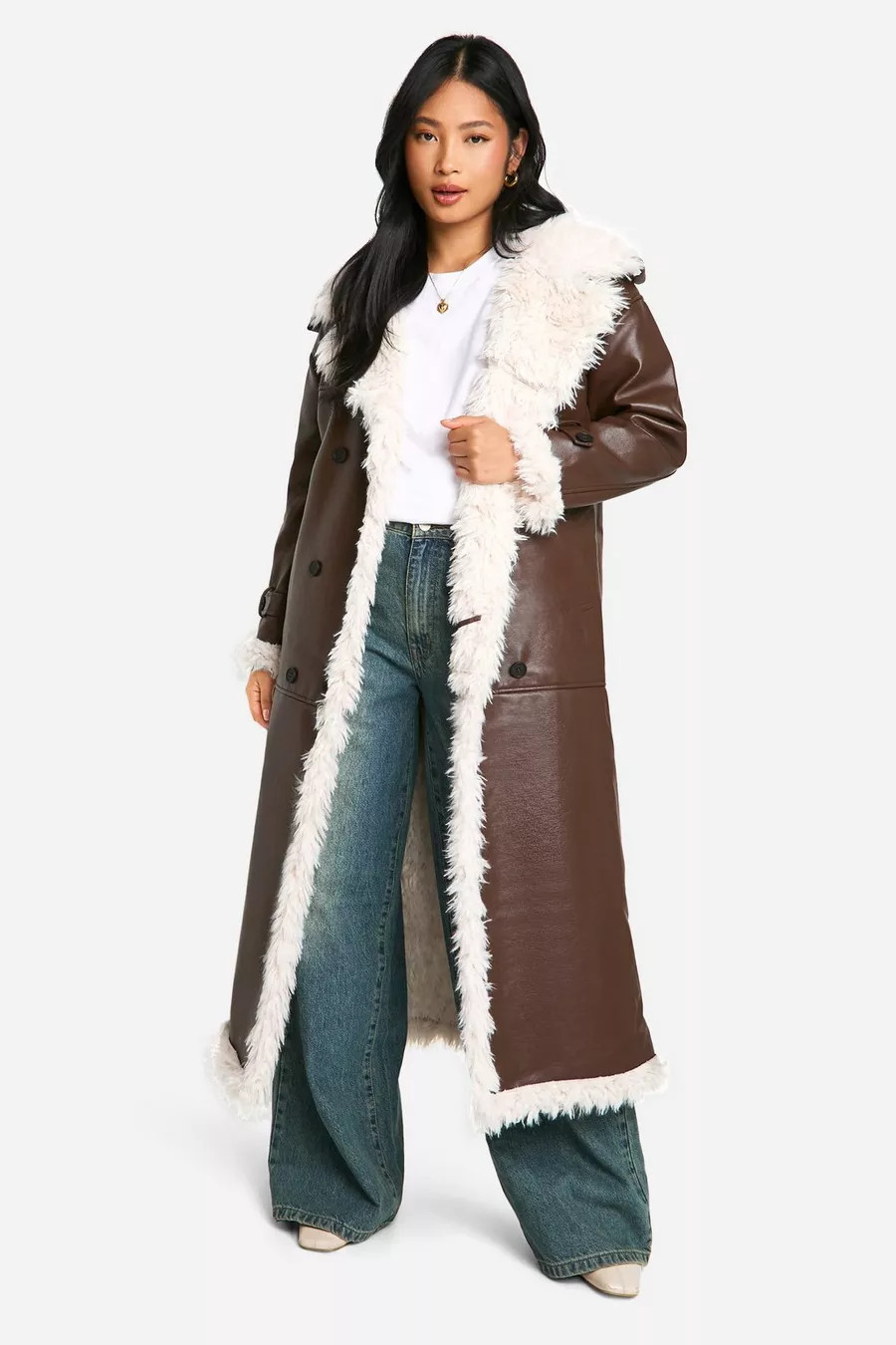 Petite Faux Leather Longline Coat | Boohoo.com (UK & IE)