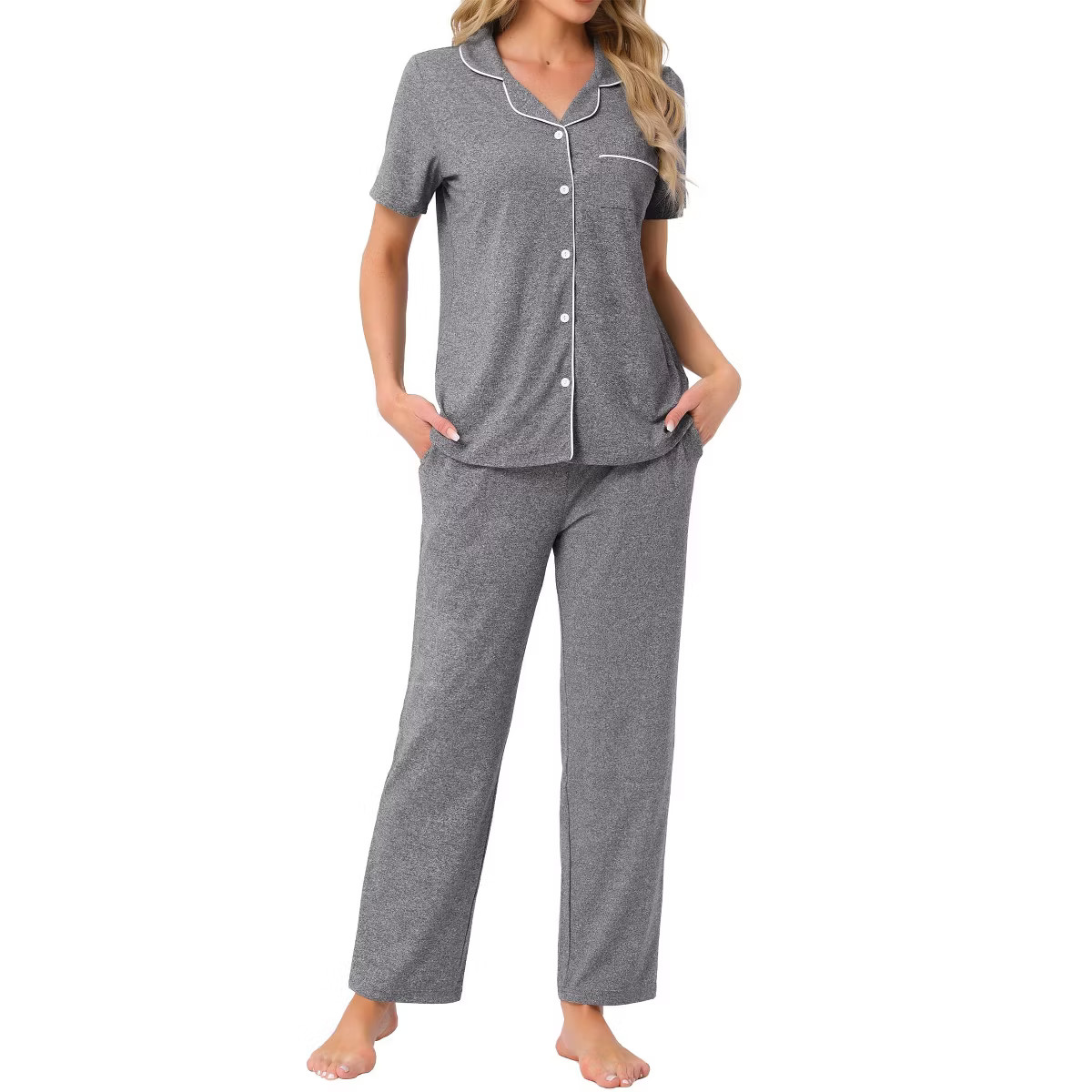 cheibear Women's Button Down Short Sleeve Shirt and Pants 2 Piece Pajama Set Loungewear | Target