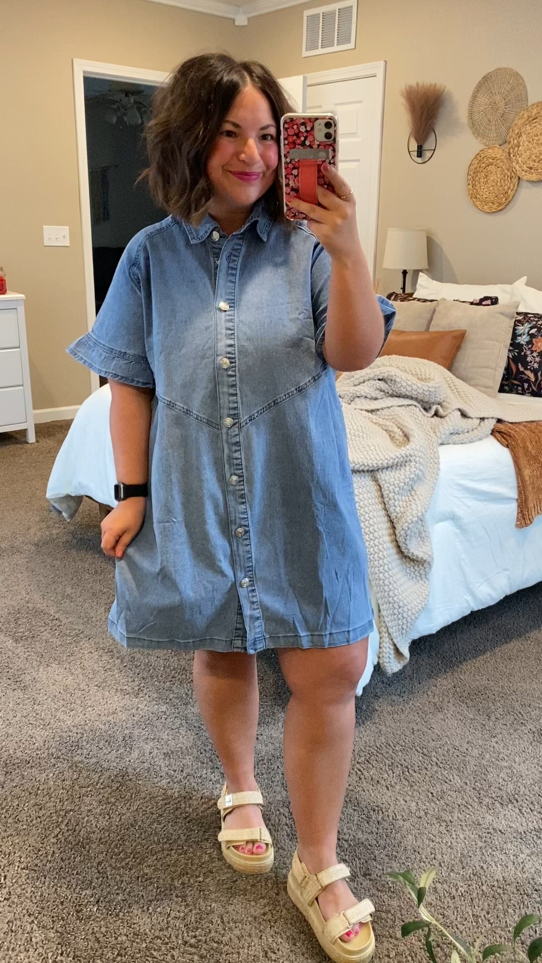 Loving the subtle ruffle sleeves on this classic button up denim dress from amazon! Literally the prefect teacher outfit!

sandals: fit a tad oversized // wearing a 5
dress: fits true to size // wearing a large (super comfy denim material, not stiff at all) 

 #LTKMidsize #LTKStyleTip #LTKWorkwear