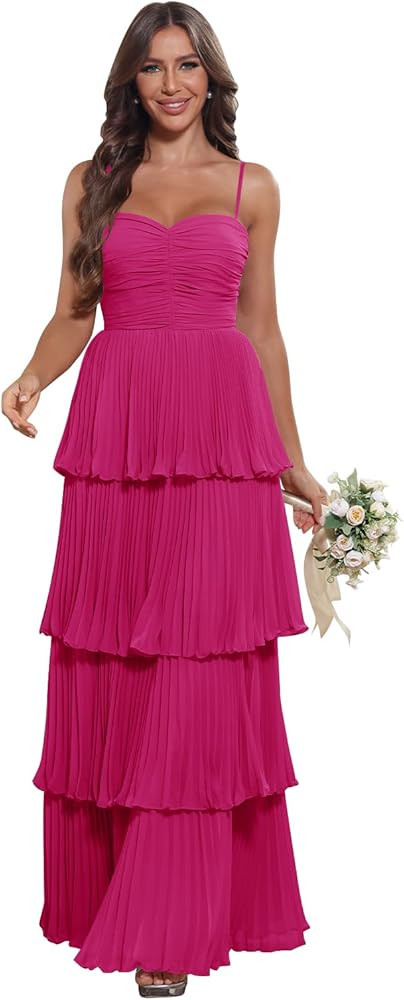 Tiered Pleated Ruffle Bridesmaid Dresses 2026 Long Chiffon A Line Sweetheart Formal Wedding Guest... | Amazon (US)
