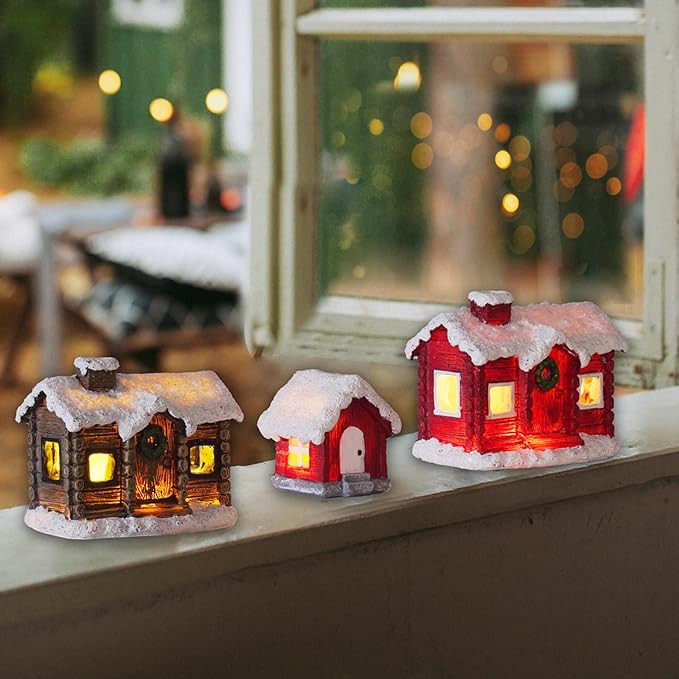 Newman House Studio Christmas House Decorations Christmas-Village Lighted - 3PC Christmas Village House Figurines with Lights Merry Resin Farmhouse Christmas Décor Indoor 7.75 * 2 * 2.5 in | Amazon (US)