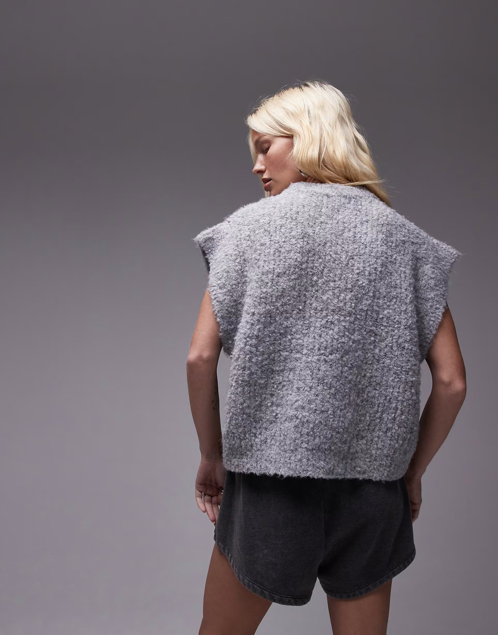 Topshop knitted crew boucle rib off shoulder relaxed vest in mid grey | ASOS | ASOS (Global)