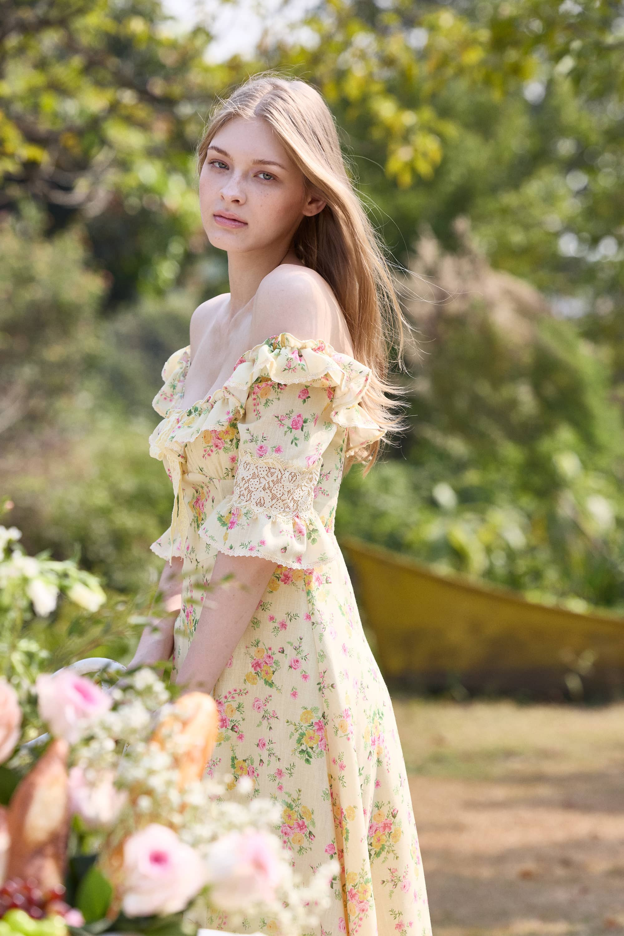 Madeleine Ruffled Floral Midi Dress in Butter Yellow | American Heiress