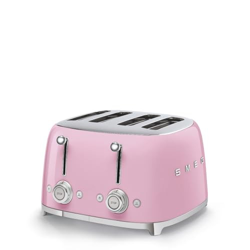 SMEG 4 Slice Toaster TSF03, Retro Stainless-Steel Toaster with Wide Slots for Bagels, 6 Browning Levels, Defrost Reheat Bagel Functions, Dual Controls, Crumb Trays, 1800W - TSF03PKUS - Pink | Amazon (US)