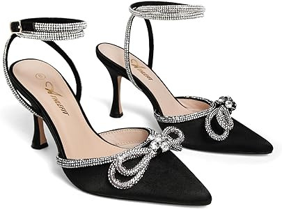 Athlefit Women's Rhinestone Bow Heels Ankle Strap Pointed Toe Stiletto Heeled Sandals Wedding Bri... | Amazon (US)
