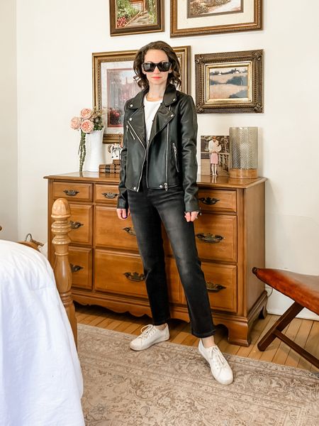 Leather jacket for spring!
Linked similar jacket and jeans. 
Size XS Amazon shirt. 
Size 6 leather Keds. 
Petite outfit. Spring outfit. French outfit. Neutral outfit  

#LTKstyletip #LTKover40 #LTKSeasonal