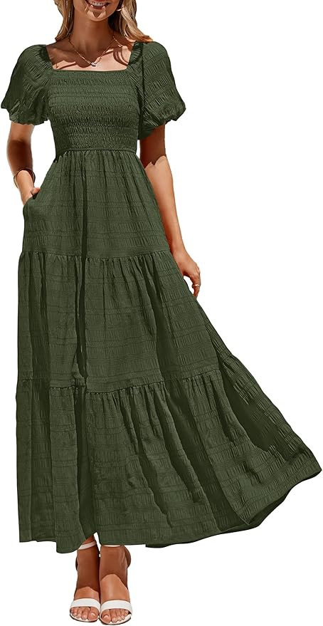 PRETTYGARDEN Womens Summer Puff Short Sleeve Maxi Dress Square Neck Smocked Tiered Ruffle A Line ... | Amazon (US)