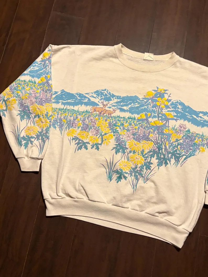 Vintage 1990s Deer Elk Flowers Nature Forest Outdoors All Over Print Crewneck Sweatshirt Pullover... | Etsy (US)