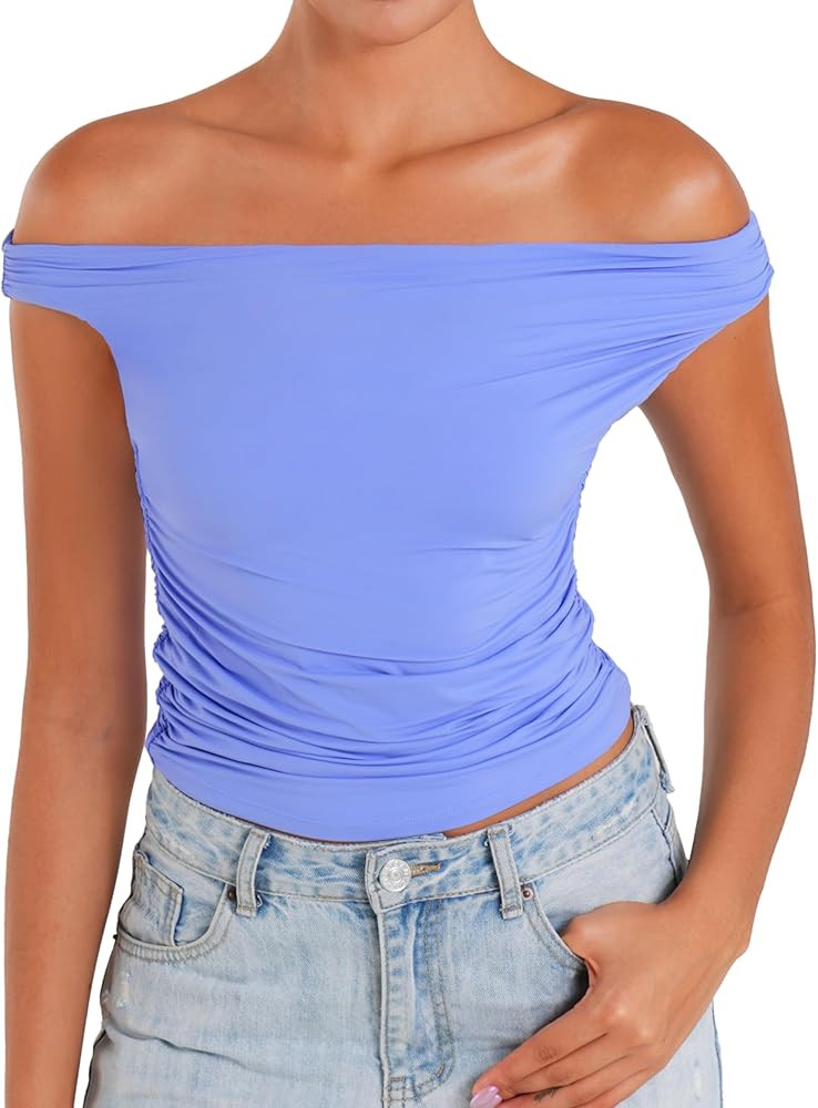 Sunzel Women's Off Shoulder Sleeveless Crop Top, Y2K Trendy Going Out Tank Shirt, Asymmetrical Ne... | Amazon (CA)